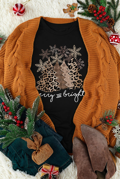 Black Leopard Christmas Tree Crew Neck Graphic T Shirt