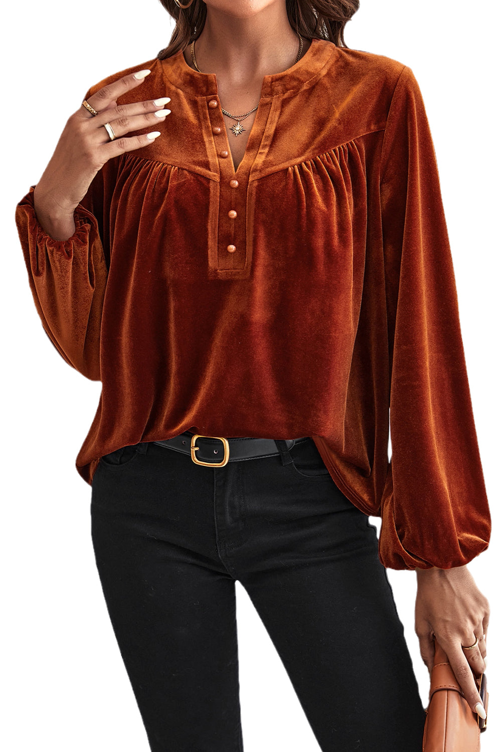 Skobeloff Velvet Henley Beaded Lantern Sleeve Top