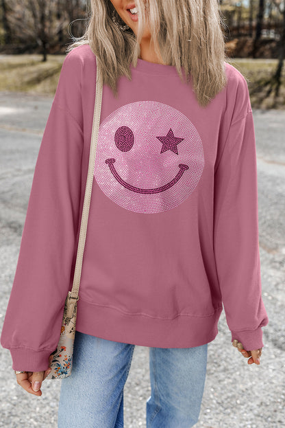 Black Rhinestoned Smile EMOJ Graphic Crew Neck Sweatshirt