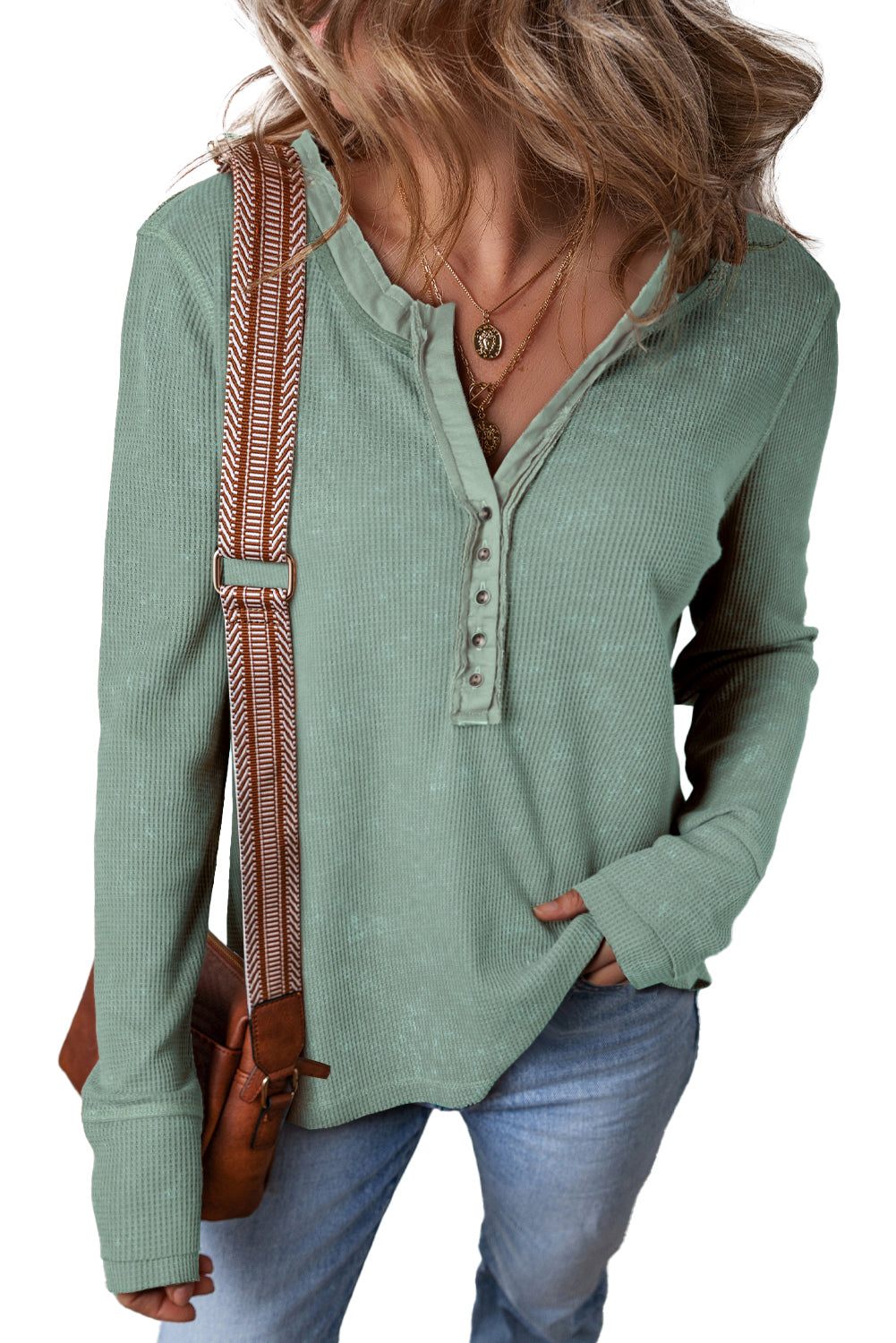 Smoke Green Casual V Neck Waffle Knit Top