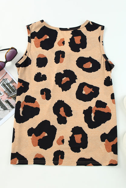 Cheetah Button Neck Casual Chest Pocket Tank Top