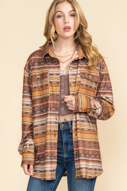 Brown Geometric Striped Button Up Flap Pocket Shacket