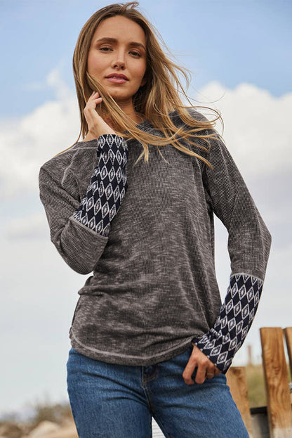 Gray Ribbed Casual Geometric Patchwork Long Sleeve Top