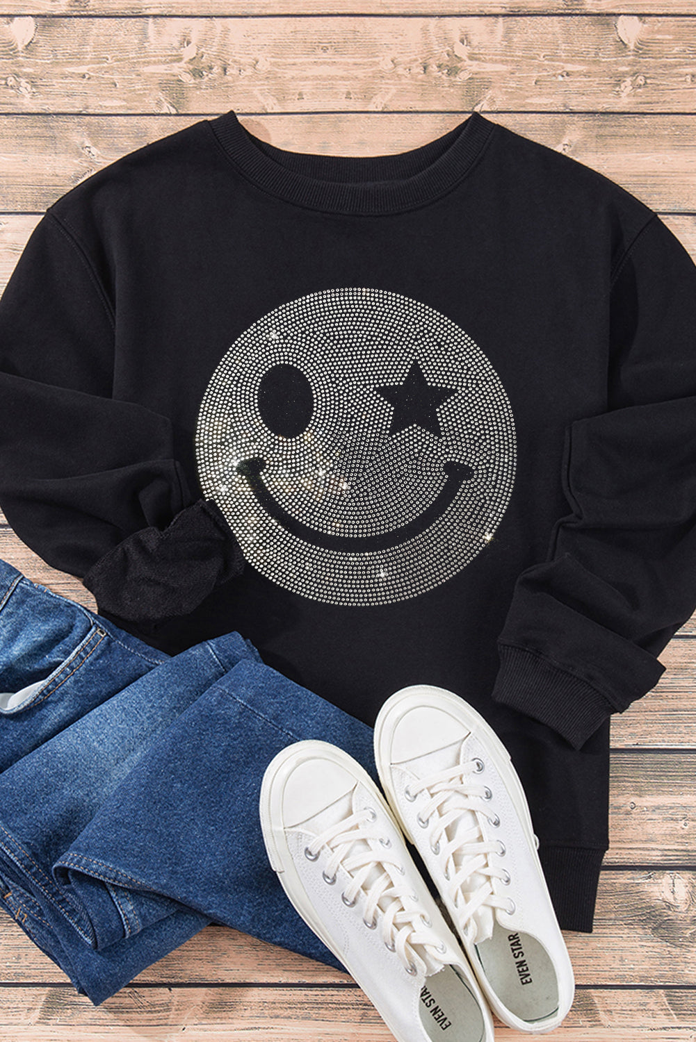 Black Rhinestoned Smile EMOJ Graphic Crew Neck Sweatshirt