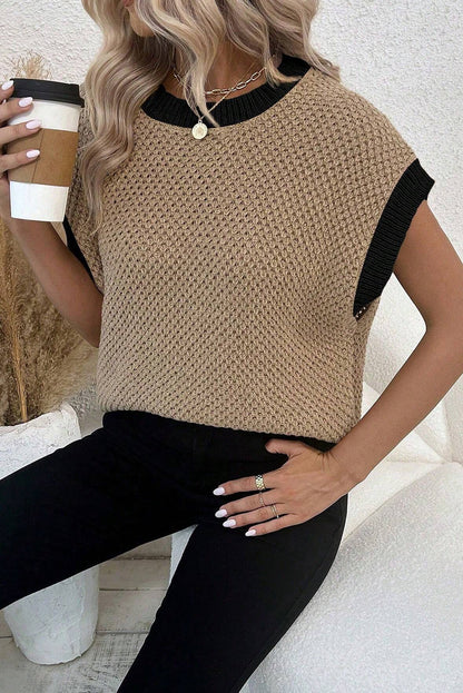 Light Beige Contrast Trim Batwing Sleeve Knitted Top