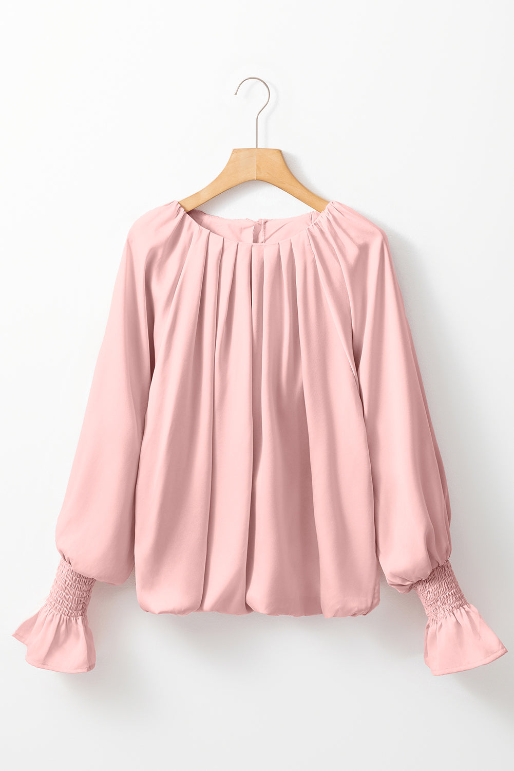 Apricot Pink Pleated Round Neck Smocked Cuffs Satin Blouse