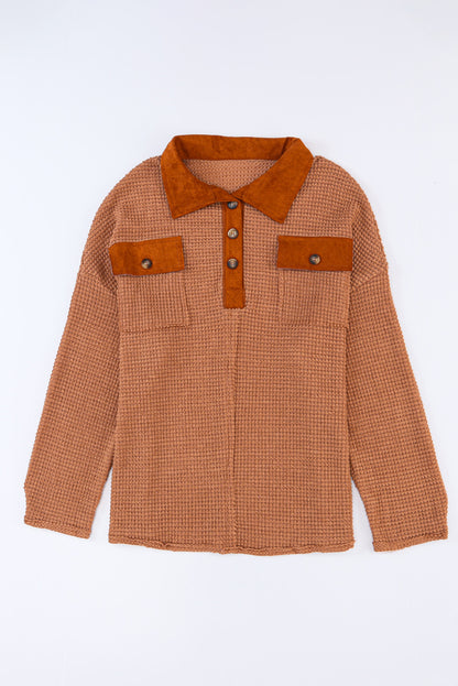 Brown Waffle Knit Button Contrast Trim Long Sleeve Top