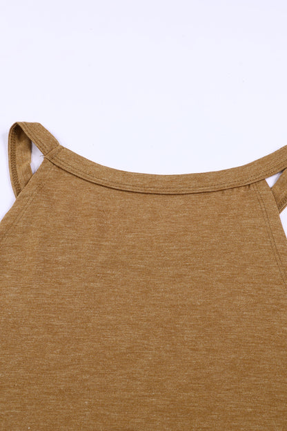 Brown Solid Color Crew Neck Tank Top