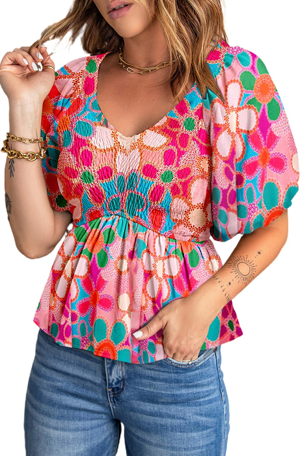 Pink Abstract Print Puff Sleeve Blouse V Neck Smocked Peplum Top