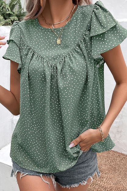 Laurel Green Spot Print Pleat Ruffle Sleeve Blouse