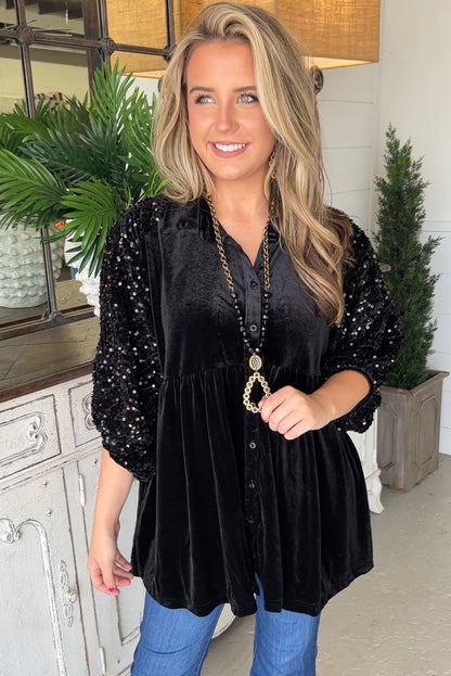 Black Velvet Sequin Puff Sleeve Button Babydoll Blouse