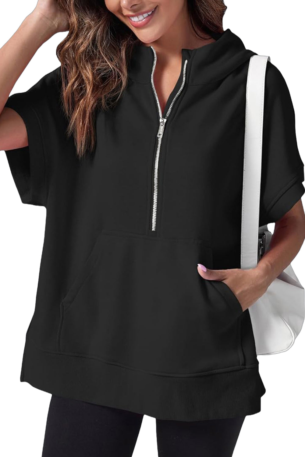 Black Half Zipper Kangaroo Pocket Short Sleeve Hoodie