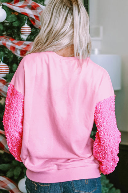 Pink Shiny Goblet Graphic Drop Shoulder Sequin Sleeve Top