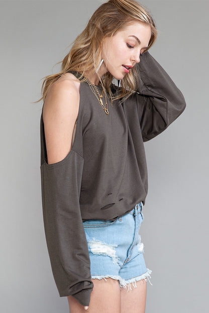 Grey Ripped Cold Shoulder Drop Sleeve Top