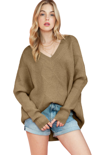 Camel Plain V Neck Batwing Sleeve Oversized Sweater