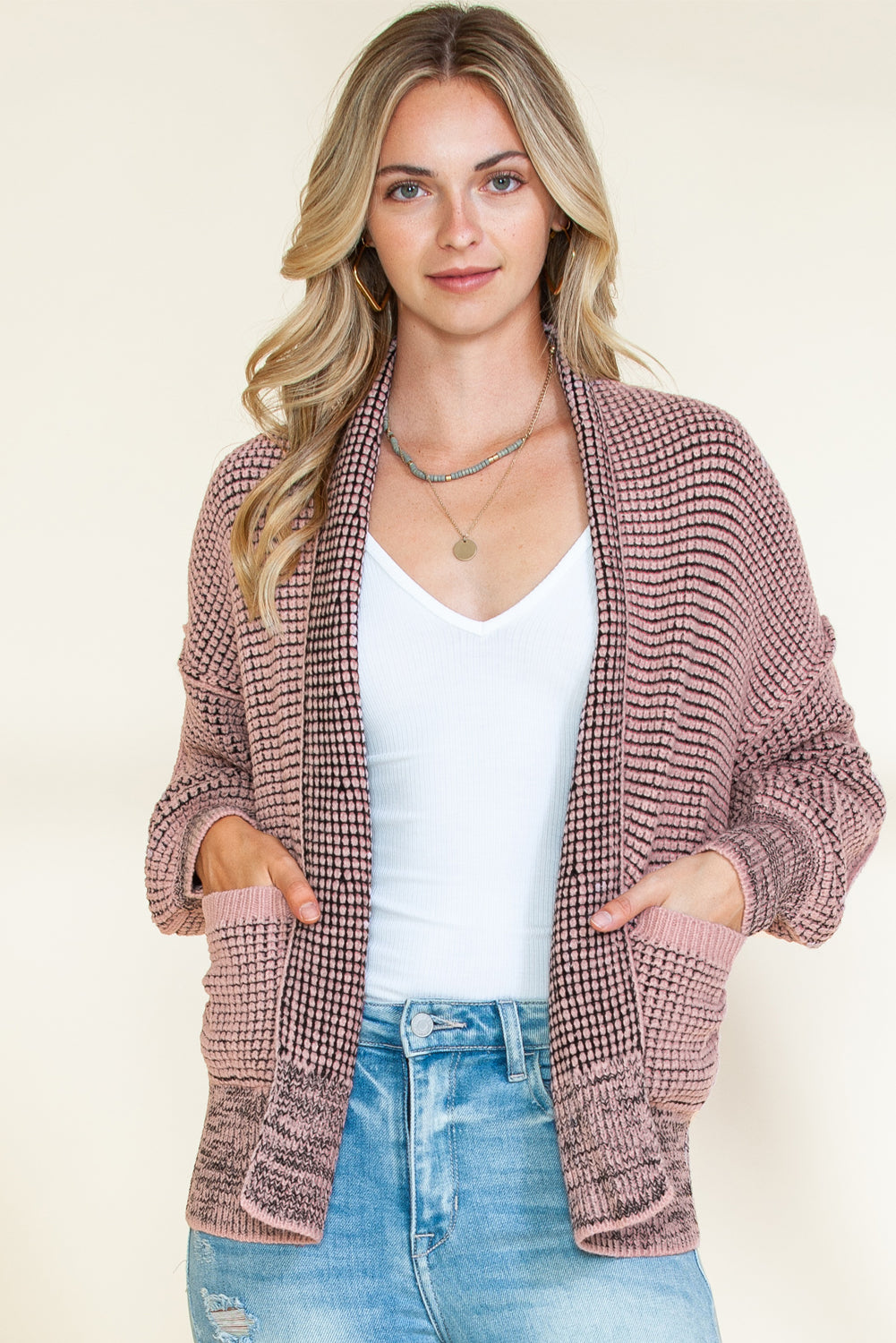 Apricot Chunky Knit Pockets Drop Sleeve Cardigan