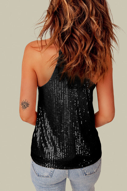 Black Sexy Contrast Spaghet Strap Sequin Camisole