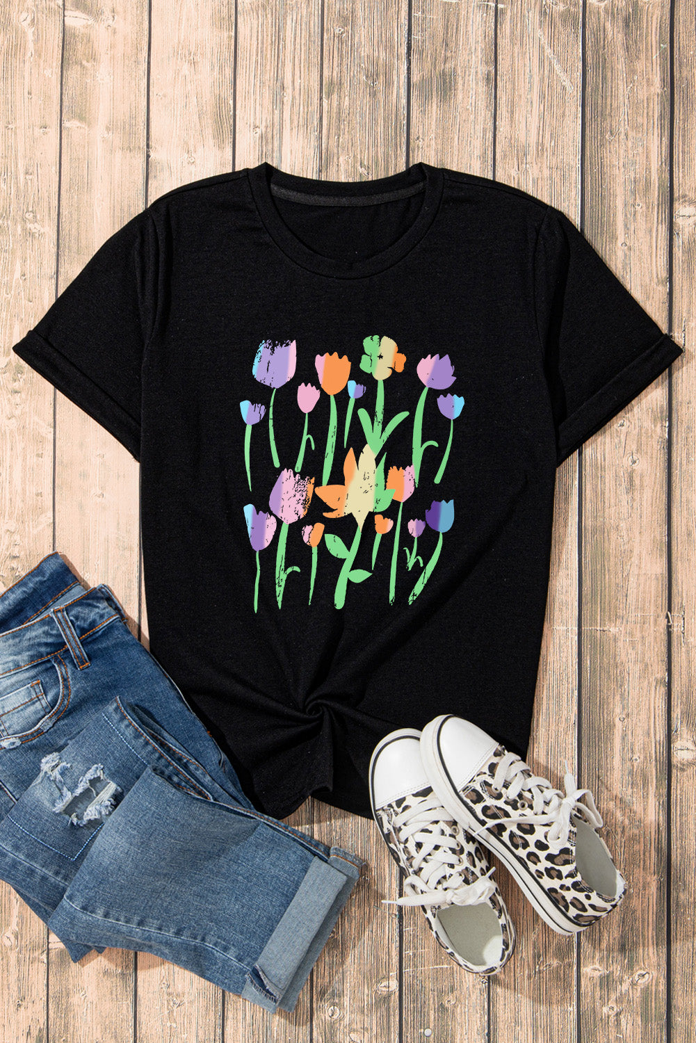 Black Floral Graphic Crewneck Drop Sleeve T Shirt