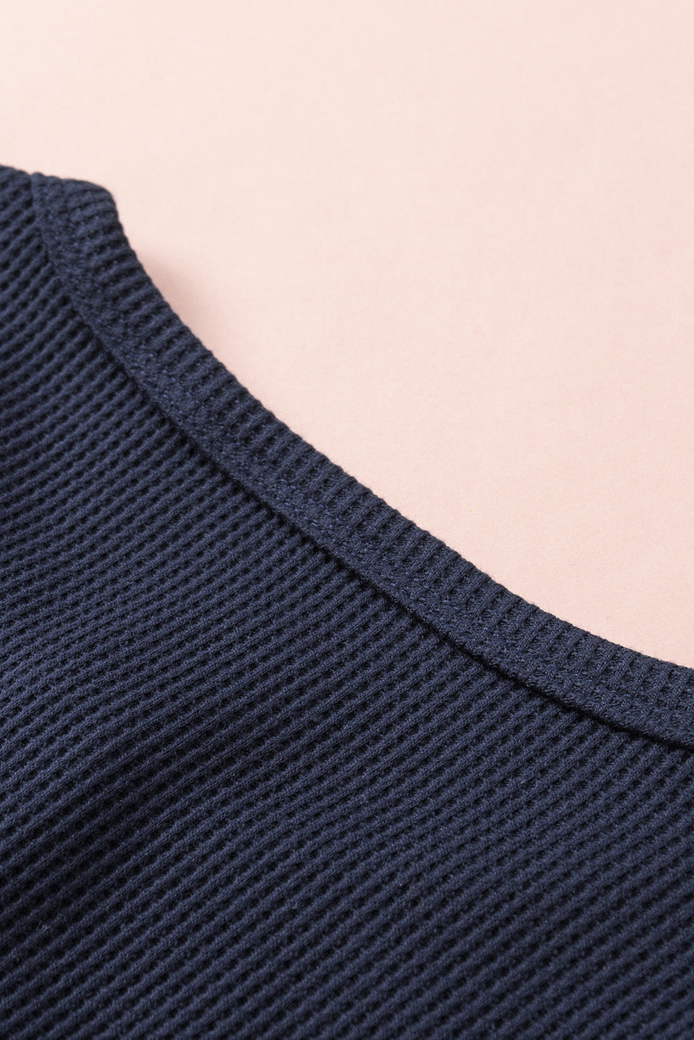 Navy Blue Casual Embroidered Round Neck Waffle Henley Top