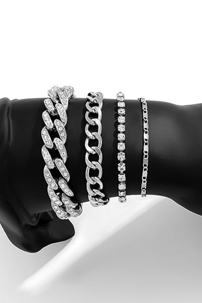 Silvery 4pcs Rhinestone Decor Adjustable Chain Bracelet Set