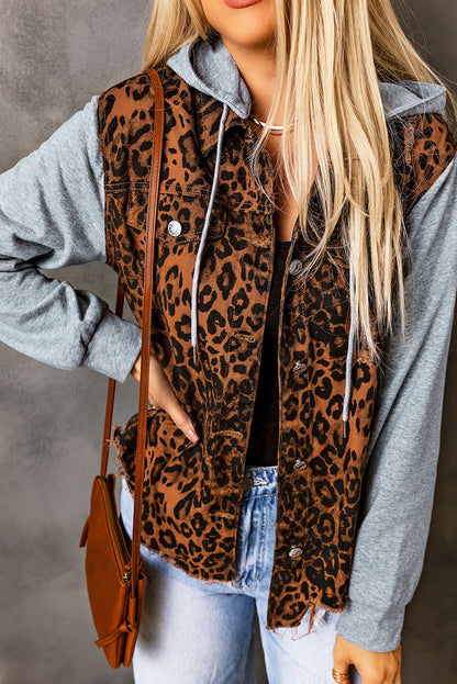 Cheetah Patchwork Ripped Raw Hem Jacket