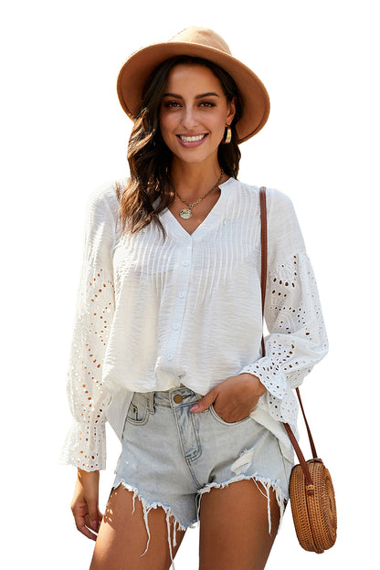 White Casual Eyelet Button Up Blouse for Women