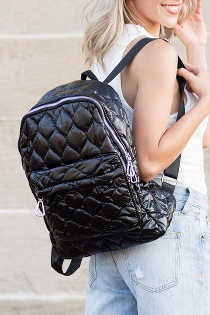 Black Solid Color Quilted Zipped Backpack