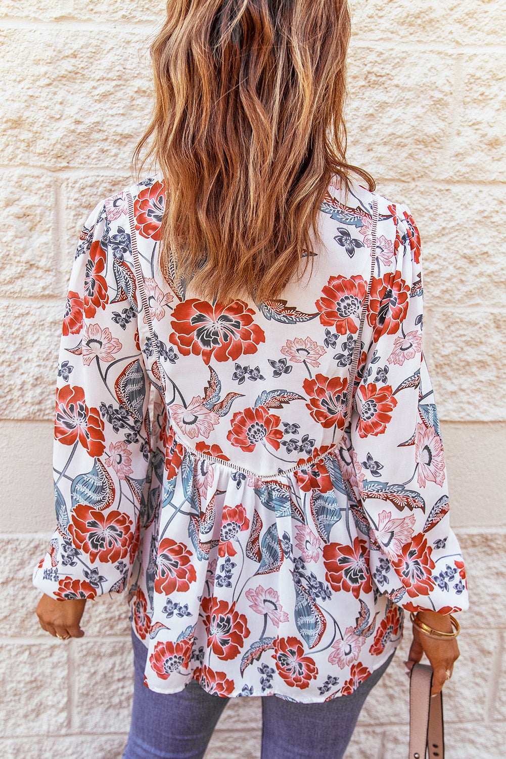 Floral Print Split V Neck Puff Sleeve Tunic Top