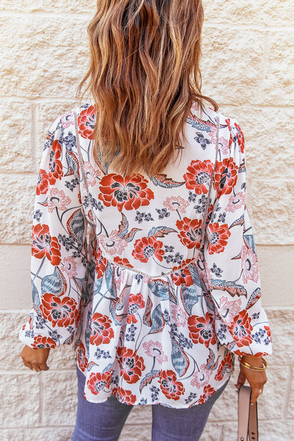 Floral Print Split V Neck Puff Sleeve Tunic Top