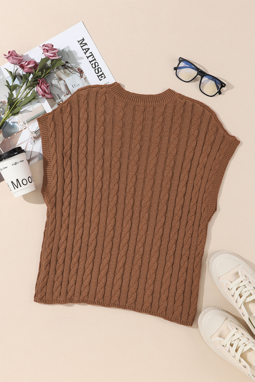 Gray Solid Cable Knit Short Sleeve Roun Neck Sweater