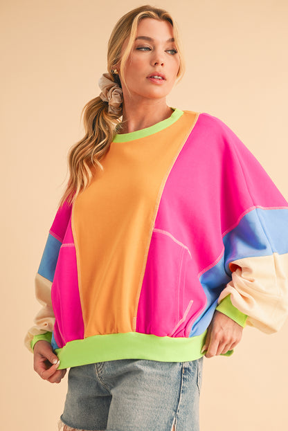 Dark Green Colorblock Patchwork Drop Shoulder Top