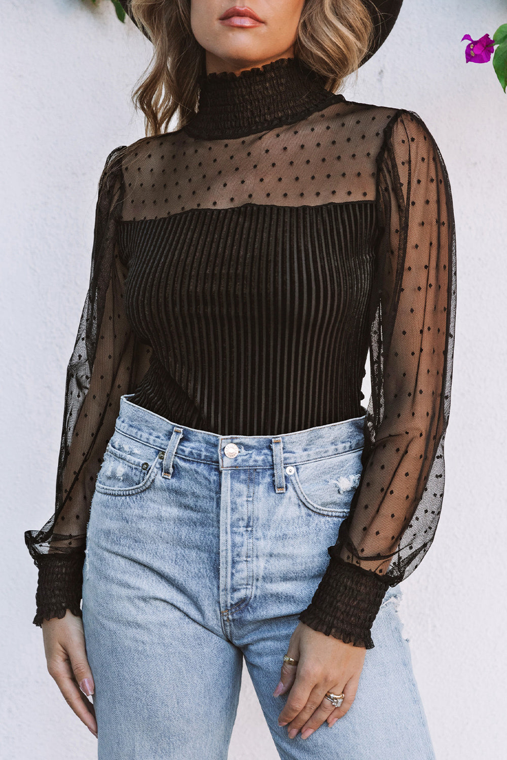 Black Sexy Sheer Dotty Puff Sleeve Ribbed Velvet Bodysuit