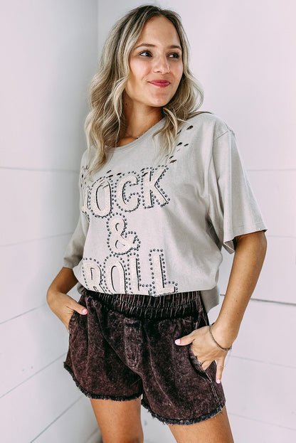 Gray Rock & Roll Graphic Ripped Oversized Tee