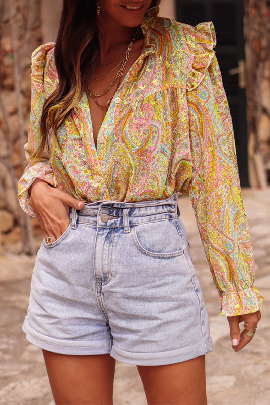 Yellow Paisley Print Ruffled Trim Button Up Boho Blouse