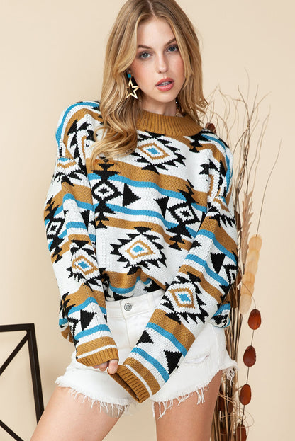 Brown Geometric Striped Knit Ribbed Trim Sweater