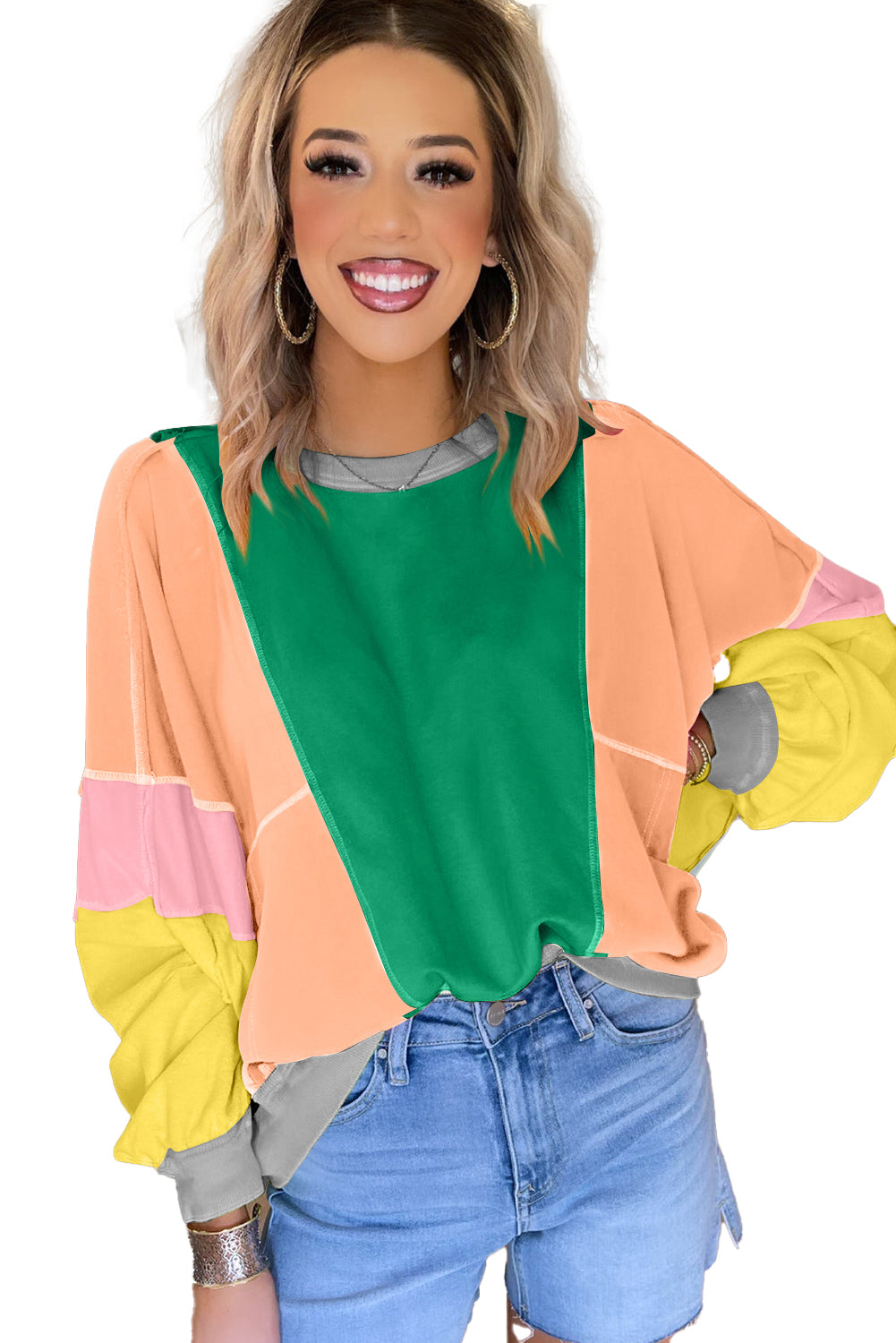 Dark Green Colorblock Patchwork Drop Shoulder Top