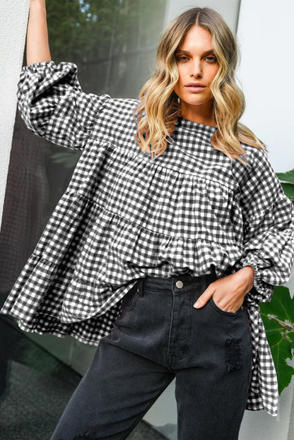 Black Plaid Drop Sleeve Tiered Oversized Blouse