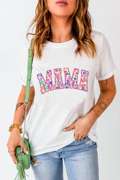 White MAMA Leopard Embroidered Crew Neck Graphic Tee