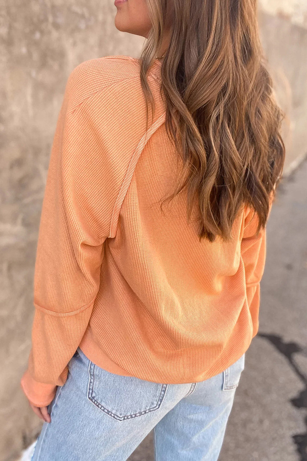 Orange Waffle Knit Exposed Seam Long Sleeve Top