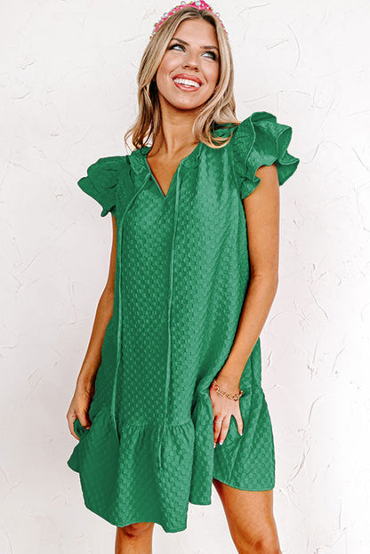 Checked Mini Dress with Flutter Shoulders