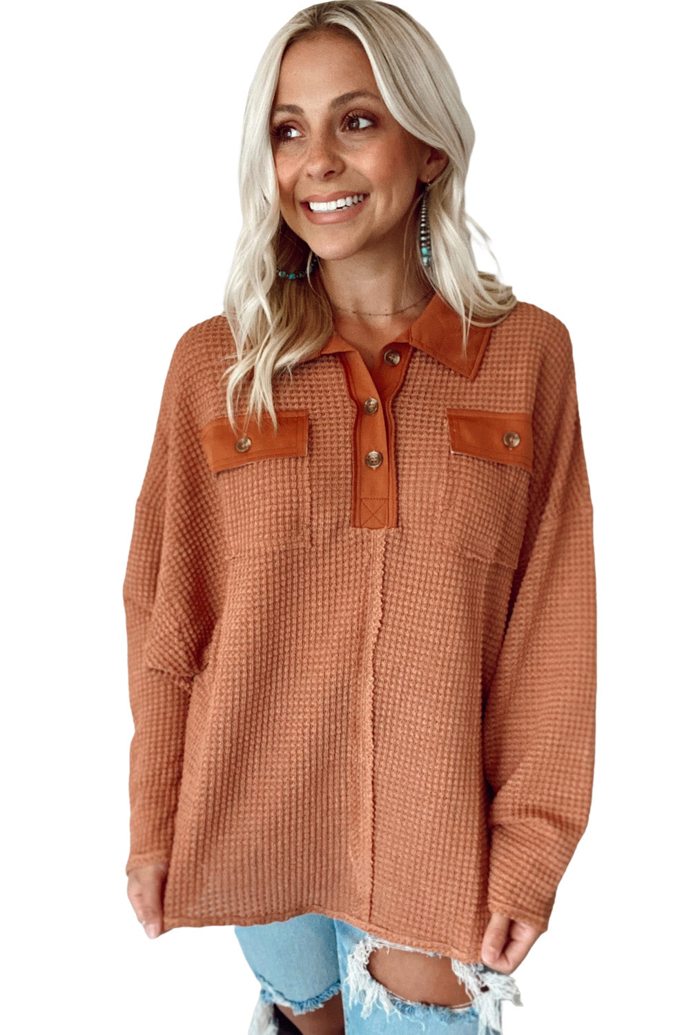 Brown Waffle Knit Button Contrast Trim Long Sleeve Top