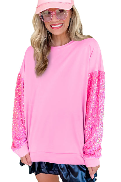 Pink Sequin Patchwork Long Sleeve Pullover Top