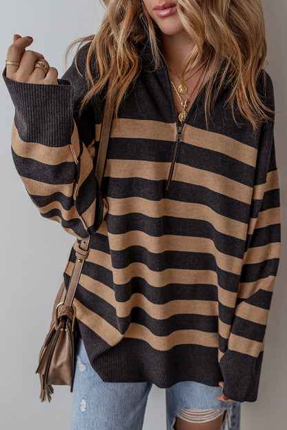 Black Striped Collared Quarter Zip Oversized Sweater