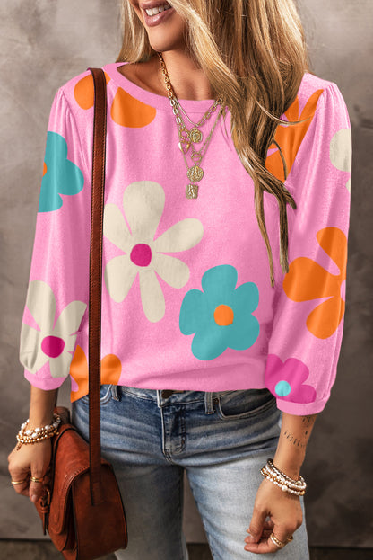 Rose Flower Print Ruched Bracelet Sleeve Top