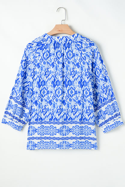 Blue Boho Abstract Print 3/4 Sleeve Tie Neck Blouse