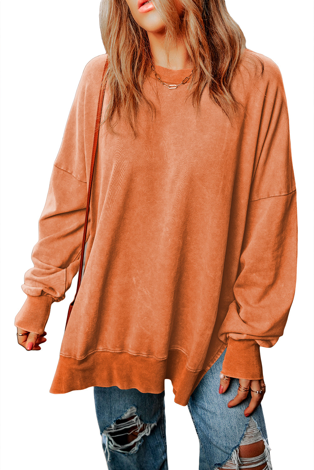 Pink Plain Drop Shoulder Trim Oversized Sweatshirt