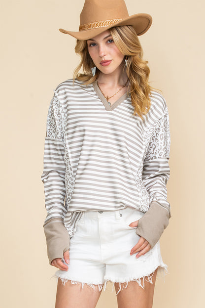 White Striped and Leopard Patchwork V Neck Long Sleeve Top