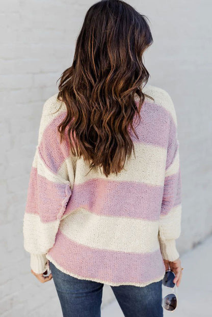 Pink Striped Long Sleeve Henley Knit Sweater with Slits