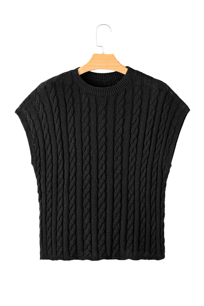 Black Crew Neck Cable Knit Short Sleeve Sweater