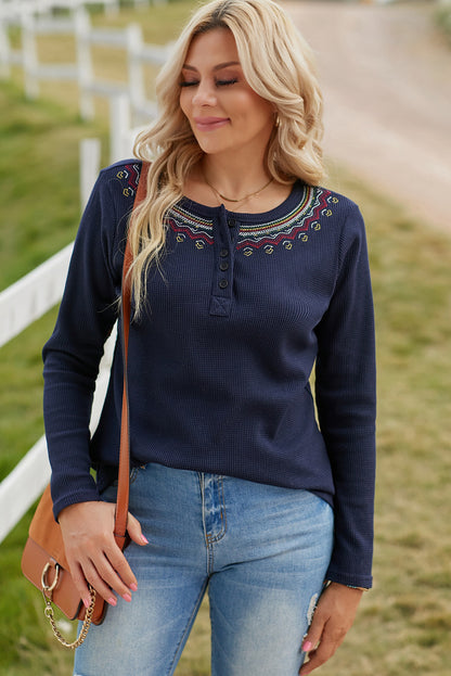 Navy Blue Casual Embroidered Round Neck Waffle Henley Top